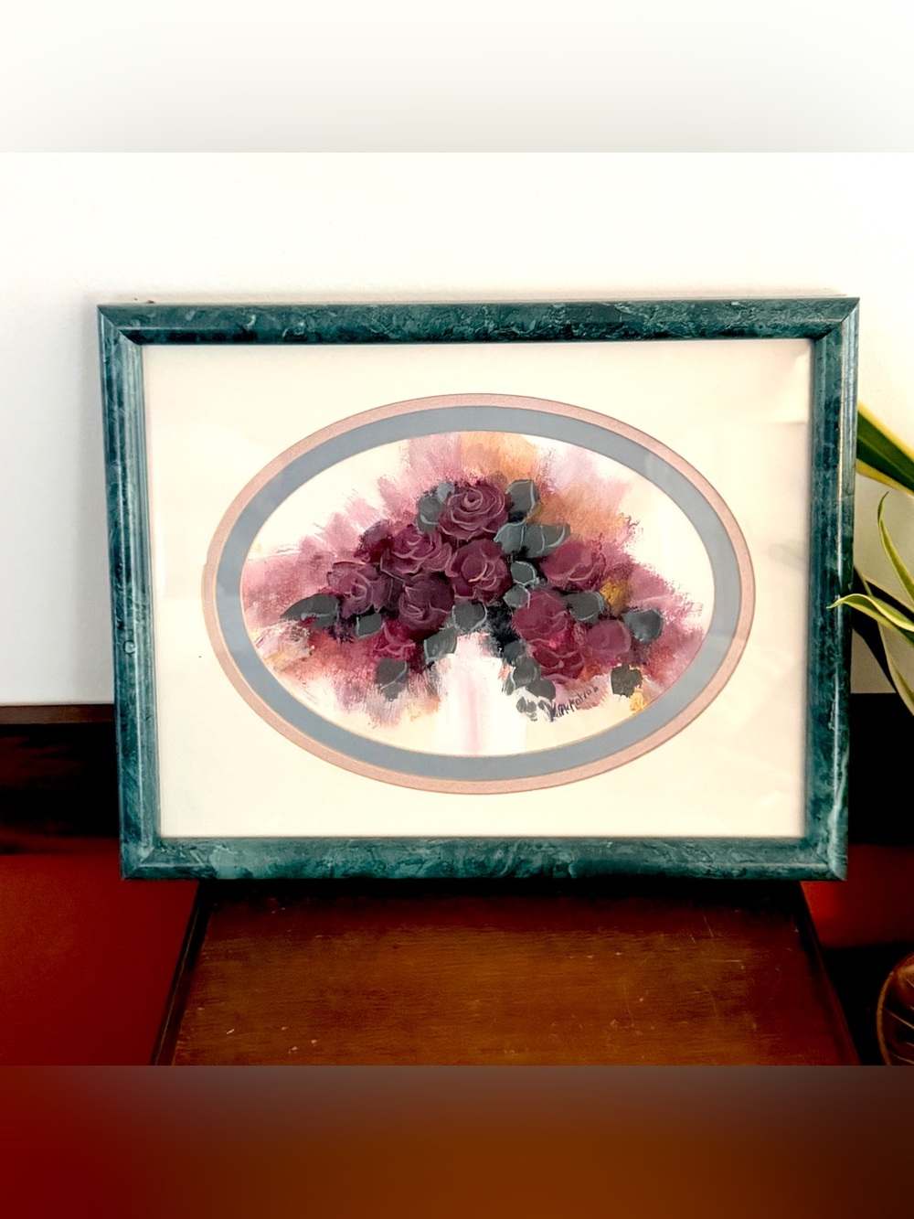 Vintage 90’s Framed Floral Rose Print Oval Matted Wall Art Cottagecore Decor